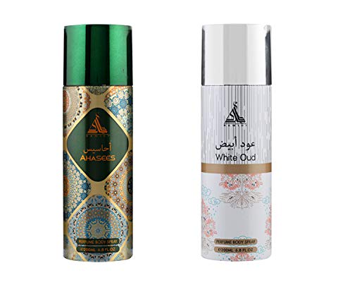 PACK OF 2 PERFUME BODY SPRAY AHASEES + WHITE OUD BY HAMIDI 200ML/6.7 OZ ALCOHOL FREE LONG LASTING FRAGRANCE UNISEX