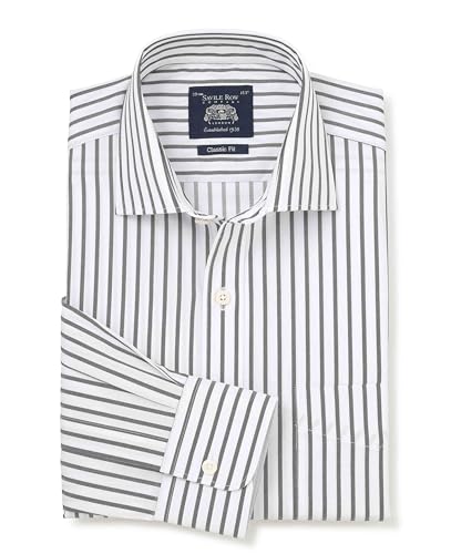 Image of THE SAVILE ROW COMPANY LONDON Men's Classic Fit Cotton Poplin Single Cuff Formal Shirt - Khaki White Stripe - 16.5" Collar