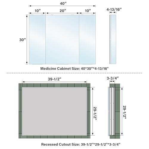 Botiquín de baño con espejo, gabinete de baño con estantes de vidrio ajustables, gabinete con espejo de aluminio anodizado cromado, instalación de puerta reversible, montaje en pared o empotrado, 48" x 30" miniatura 2