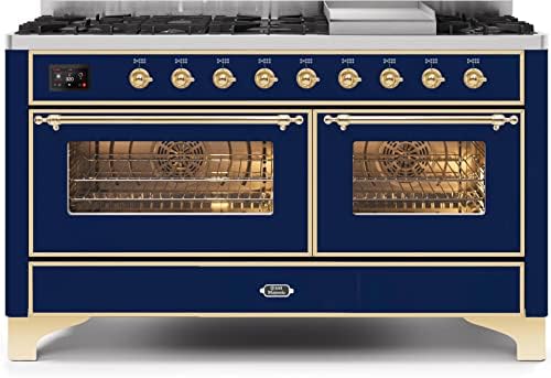 ILVE UM15FDNS3MBGLP Majestic II Series 60 Inch Freestanding Dual Fuel Range with Liquid Propane, 9 Sealed Brass Burners, Double Ovens, 5.02 cu. ft. Total Oven Capacity, Blue with Brass Trim
