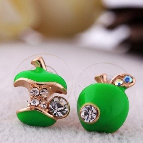 Fashion Sweet Lovely Crystal Rhinestone Apple Core Ear Studs Earrings Green