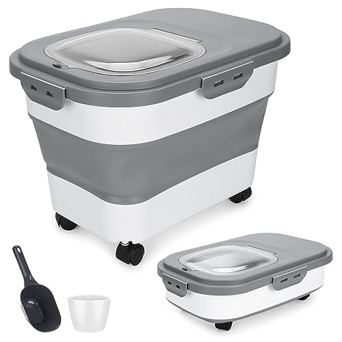 YECERCAN Dog Food Storage Container 17 lb, Airtight Pet Food Storage Containers with Wheels & Removable Sealed Lid, Collapsible Cat Food Containers Dry Food with Scoop and Measuring Cups