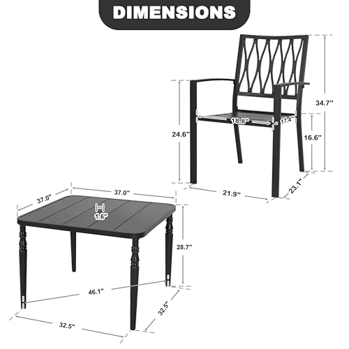 NUU GARDEN 5-Piece Outdoor Patio Metal Dining Set - 4 Stackable Chairs & 37\" Square Table with Umbrella Hole, Weather-Resistant Low-Maintenance Furniture for Yard Porch Poolside Garden, Black