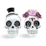 Day of The Dead Skull Couple, Sugar Skull, Halloween Decor, Black and White Figurine Skeleton Set, Rose Wreath and Top Hat