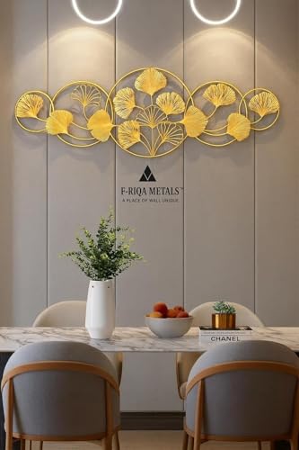Image of F-RIQA METAL A PALACE OF WALL UNIQUE Golden Leaf Metal Wall Art for Living Room - 3D Designer Ginkgo Leaf Wall Decor with Circular Frame, Luxury Handcrafted Metal Wall Hanging for Home, Bedroom, Office & Hotel Interiors, Elegant Contemporary Wall Decoration, Premium Statement Wall Art Gift