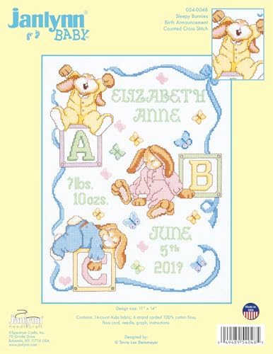 Janlynn 242077 Sleepy Bunnies Sampler Counted Cross Stitch Kit, 13" x 18", Multi-Colored, 14 Count image 4