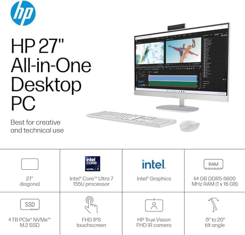 Image of HP All in One Desktop Computer 27 Inch Touchscreen FHD Business, Intel 12-core Ultra 7 155U (Up to 4.8 GHz), 64 GB DDR5, 4 TB SSD, Wi-Fi 6, Windows 11 Pro, w /Accessories