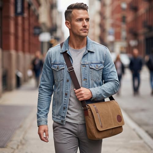 Image of Vintage Canvas Satchel Messenger Bag for Men Women,Travel Shoulder Bag 13.5 inch Laptop Bags Bookbag (Coffee)