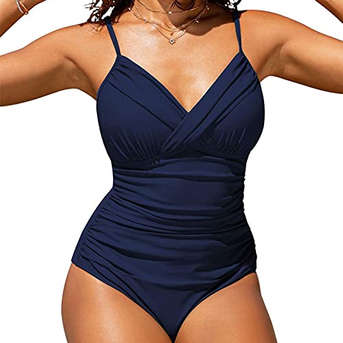 Bañador Mujer Reductores Vientre Plano Push up Elegante Traje de Baño con Aros Cuello en V Ajustables Tipo Sling Control de Barriga Pecho Grande Bañadores Mujer Verano Despedida Soltera Azul Talla L