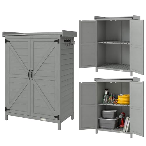 Outsunny Wooden Garden Shed, Garden Tool Storage Shed with Shelf and Side Hooks, Outdoor Storage Cabinet with Double Doors, 71.5 x 39 x 95 cm, Grey