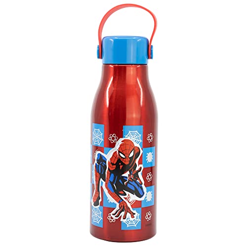 Stor Original Marvel Spiderman Aluminiumflasche für Kinder 760 ml mit Deckel mit Haken und Kappe mit Silikongriff.