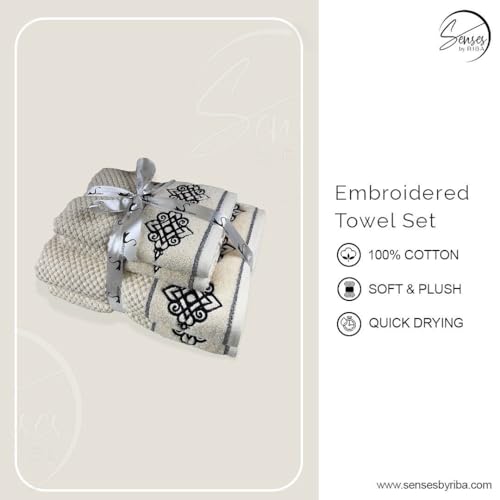 Image of SENSES By Riba Cotton Embroidered Towel Set, 550 GSM Soft & Absorbent, Antimicrobial, Oeko-Tex Certified | Ideal for Home & Gifting, Pack of 4 (2 Bath 27 inchX50 inch + 2 Hand Towels 16 inchX26 inch) - Style 3