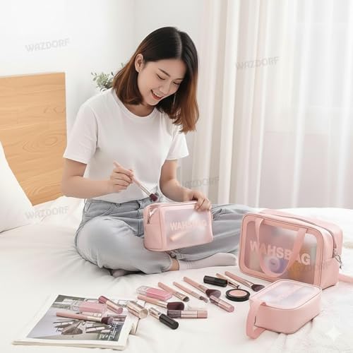 Image of Wazdorf Clear PVC Makeup Pouch Set of 3 for Women & Girls | Waterproof Cosmetic Organizer Bags | Travel Toiletry Bag, Wash Bag, Portable Makeup Storage Case, Bathroom & Travel Accessories(Pink -3 Pcs)