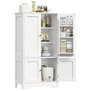 43’H Pantry Cabinet with 4 Doors, Kitchen Cabinet with 6 Door Shelves, Kitchen Pantry for Living Room, Dining Room, Bathroom, White