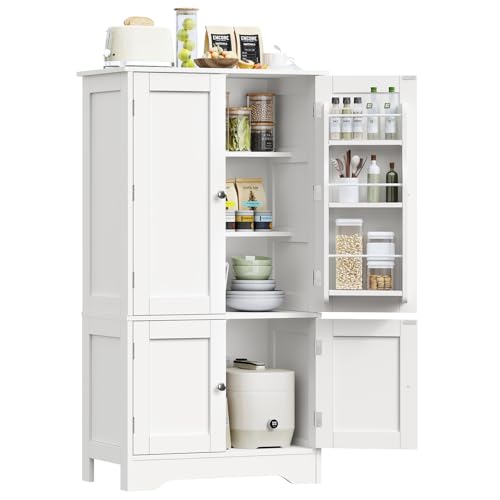 TEENFON 43’H Pantry Cabinet with 4 Doors, Kitchen Cabinet with 6 Door Shelves, Storage Cabinet-Kitchen Pantry for Living Room, Dining Room, Bathroom, White