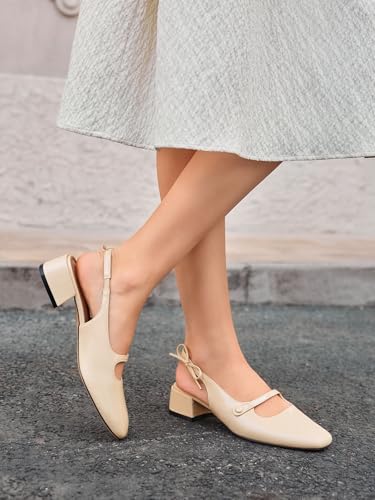 Image of Coutgo Womens Mary Jane Shoes Slingback Chunky Low Heels Bow Closed Square Toe Pumps Wedding Party Dress Shoes