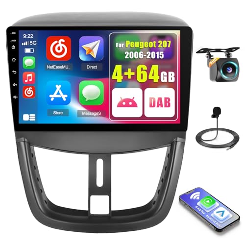 Inefala 4+64G Android 15 Radio para Peugeot 207 2006-2015 con Wireless Carplay y Android Auto, 9'' Radio Pantalla Táctil Estéreo con Dab Bluetooth 59UI HiFi GPS FM/RDS SWC AHD Cámara Inversa