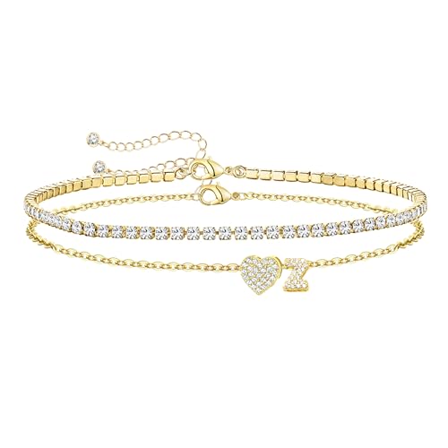 Image of Gold Initial Ankle Bracelets for Women 14K Gold Plated CZ heart Tennis Anklets for Women Waterproof Adjustable Initial Anklets Large Ankle Summer Beach Foot Jewelry