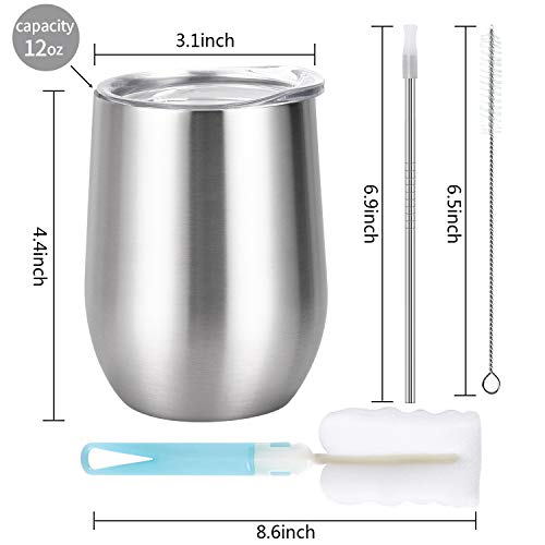 Stainless Steel Stemless Wine Tumbler Funny Wine Glasses With Lid And Straw Double Wall Vacuum Insulated Wine Cup For Wine, Champagne, Cocktails, Soda, Whiskey And Beer Set Of 6 Silver 12 Oz #TOP5