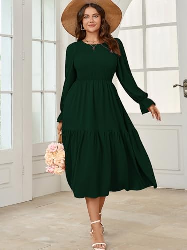 Image of SHESTARR Women's Plus Size Dress Long Sleeve Crewneck Smocked Tiered Flowy Boho Wedding Party Maxi Dresses