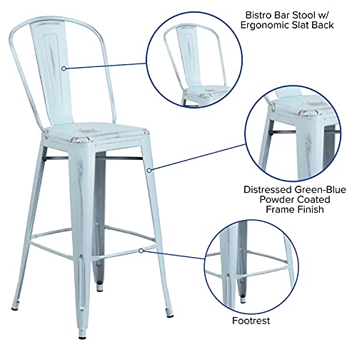 Flash Furniture Commercial Grade 30" High Distressed Green-Blue Metal Indoor-Outdoor Barstool with Back - Image 5