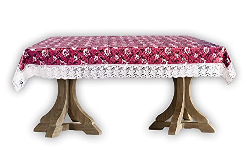 Image of The Furnishing Tree Waterproof PVC Rectangle Shaped Center Table Cover WxL 40x60 inches Floral Pattern Magenta with White Border lace