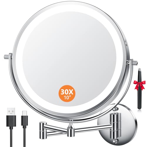 Auxmir Espejo Maquillaje con Luz 30X/1X Aumento Recargable 5000mAh Doble Cara Giratorio 360, Espejo Grande Baño Pared Brazo Extensible USB, 3 Colores Brillo Regulable Hotel, Plata
