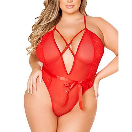 LCpddajlspig Dessous Damen Sexy Unterwäsche, Erotische Teddy Halter Transparent Sexy Dessous Crotchless Spitze Sexunterwäsche Tiefer V-Ausschnitt One Piece Open Cup Reizwäsche Lingerie Babydoll