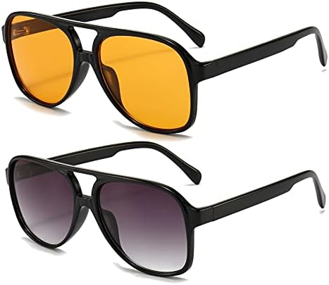Long Keeper Retro Polarised Sunglasses for Women Men Oversize Vintage 70s Pilot Sunglasses, Large Square Frame Double Bridge Retro Glasses Anti UV