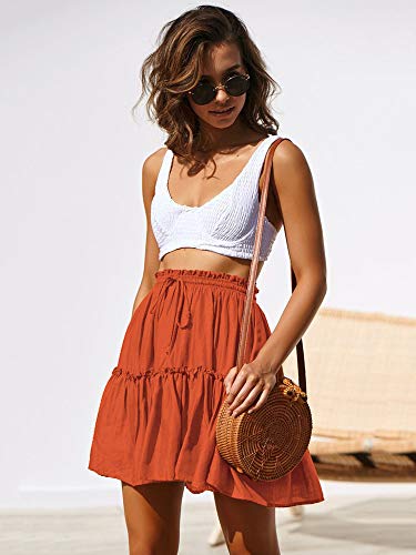 GoolRC Mini saia feminina de cintura alta plissada verão cor sólida cordão elástico cintura alta sai