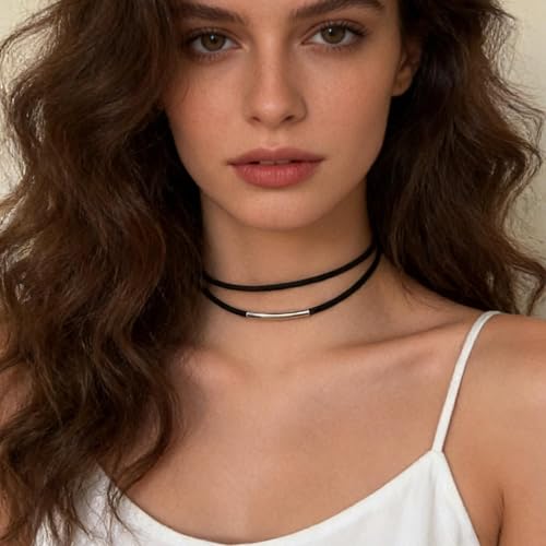 Inateannal Boho Geschichtet Leder Halsband Halskette Schwarz Leder Seil Halskette Silber Bar Halsband Halskettes Kurz Wildleder Schnur Kette Schmuck Für Frauen