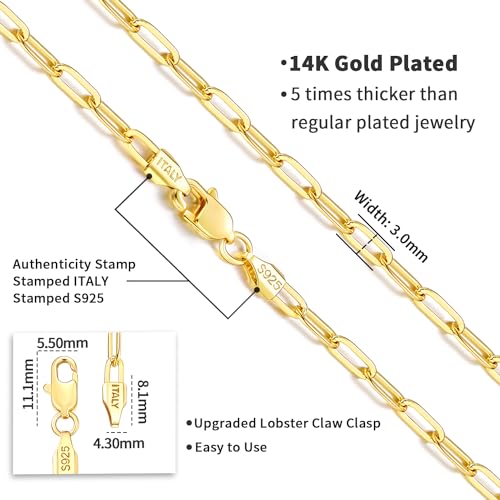Jewlpire Italian Soild 14K Real Gold Over 925 Sterling Silver Paperclip Chain Necklace for Women, Hypoallergenic & Comfortable Women's Chain Necklaces 16/18/20/22/24/26 Inch4
