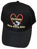 Catfish Cap and Bumper Sticker Gift Set Bundle Black Fishing Hat Red Fish Hook Heart Love Kitty