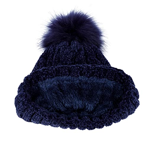 Women's Winter Knitted Hat & Scarf Set Outdoors Ski Cap With Faux Fur Pompom (Navy Blue) #TOP5