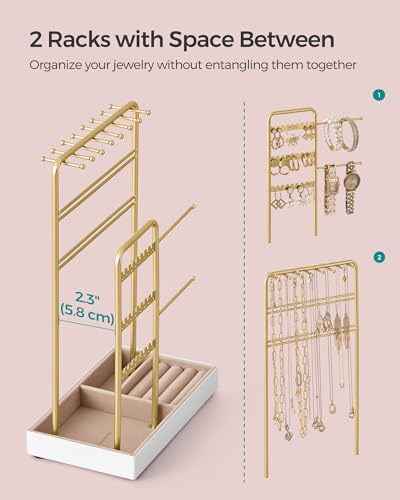 Image of SONGMICS Set of 2 Jewelry Holders, Jewelry Organizers Display Stands with Metal Frame, Velvet Tray, Necklace Earring Bracelet Holders, for Studs, Rings, Gift Idea, Pale Gold UJJS021A01V1-2J