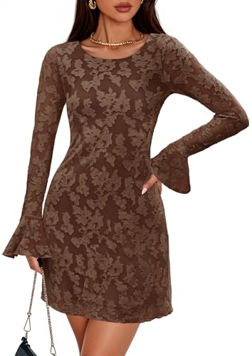 ZESICA Womens Fall Long Sleeve Mini Dresses 2026 Mesh Floral Crewneck Bodycon Wedding Guests Cocktail Party Short Dress Brown Small