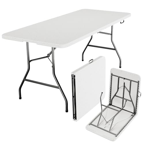 MAKE CHANGES Folding Table 6ft - Heavy Duty Plastic Table with Handle, Foldable & Portable, Fold-in-Half Utility Tables for Outdoor, Dining, Wedding, Events, Indoor, Picnic, Camping, Party (White)