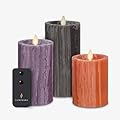 Luminara Set of 3 Halloween Selenite Pillars with Remote Realistic Artificial Moving Flame Pillar Candles Melted Top Edge, LED Battery Operated Lights - Unscented (Multi-Color)