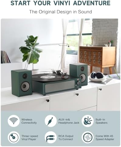 Vinyl Record Player Turntable with Built-in BT Receiver & 2 Stereo Speakers 3 Speed 3 Size Record Player LP Players Auto Stop for Entertainment and Home Decoration Classic Dark Blue - 5