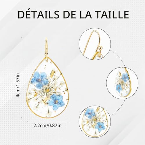 Boucles D'Oreilles à Fleurs Pressées à Sec NICENEEDED, Boucle D'Oreille Pendante en Résine Florale, Boucles D'Oreilles Créoles en Forme de Larme Faites à la Main, Accessoires de Bijoux – vue 3