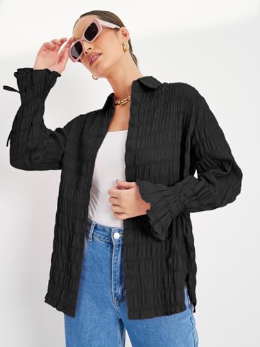 Image of Styli Women Oversized Long Length Textured Shirt | Stylish Casual Shirt for Women | Comfortable Tops | Perfect for Office, Travel & Daily Outfits