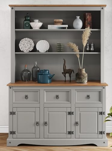 Corona Dresser Large Buffet Hutch Welsh Grey Wax Solid Wood Pine Wooden Painted Kitchen Display Unit Cabinet Sideboard Dining Room 176cm High 125cm Wide 40cm Deep