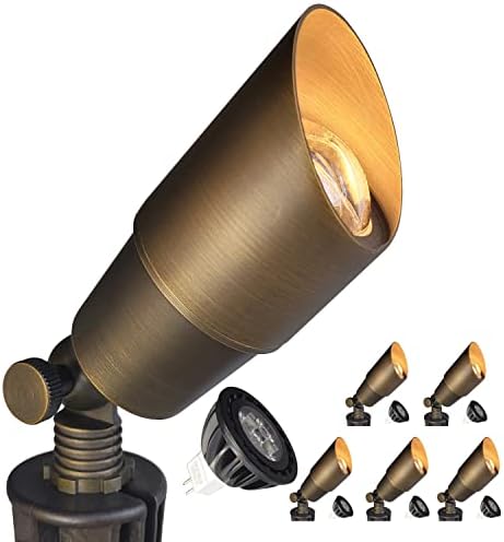 COLOER Die-cast Brass Landscape Spotlights,6 Pack Spot Lights Outdoor with 5W MR16 LED Bulb Kit Ground Stake Included,12V AC/DC Low Voltage Outdoor Lighting for Yard,Uplight for Garden and Patio(101B)