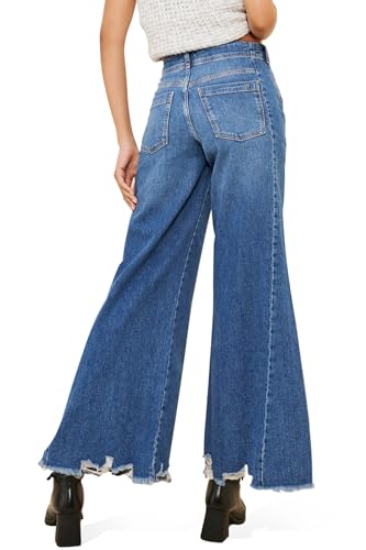 Women's High Waisted Wide Leg Jeans Ripped Distressed Frayed Raw Hem Denim Pants 2025 Trendy4