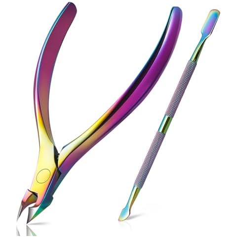 BEZOX Cuticle Trimmer with Pusher - Salon Quality Cuticle Clipper with Cuticle Pushers, Super Sharp Cuticle Cutters and Dual-End Nail Pushers Cuticle Stick, Professional Manicure Tools - Rainbow Cover