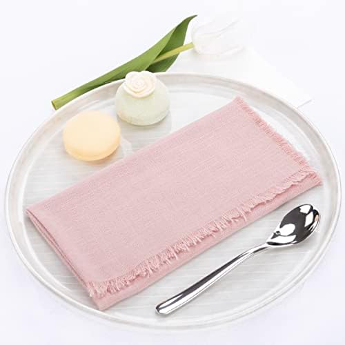 DeZerlor 4PCS Dusty Rose Cotton Fringed Napkins Handmade Linen Napkins Boho Rustic Dinner Cloth Napkins for Wedding Bridal Baby Shower Party Decoration,16"x16"(Dusty Rose,4pcs)