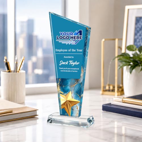 Image of Custom Crystal Trophy Award Personalized Plaque Award with Text Logo Photo Awards Trophies for Employee Recognition Team Graduation Personalized Office Gifts for Boss Coworker Teacher