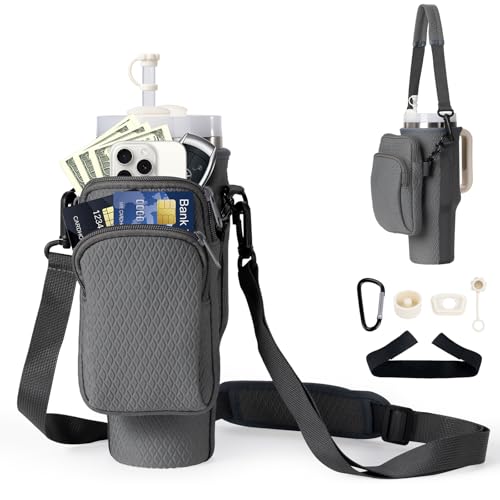 Water Bottle Carrier Bag with Removable Phone Pocket for Stanley 40oz Tumbler, Stanley Purse for Spots&Outdoors, Stanley Cup Accessories with Adjustable Shoulder & Hand Strap Gray