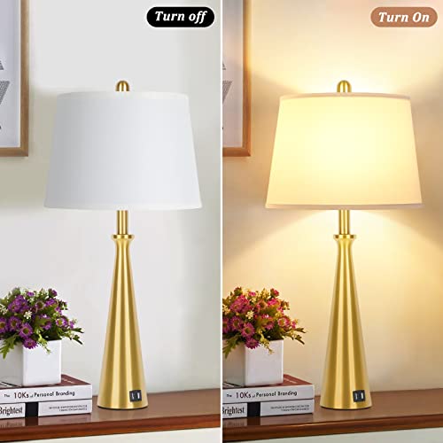 Table Lamps Set Of 2 With 2 Usb Charging Ports, Gold Beside Lamp With Rotary Switch, 26.4” Tall Brass Nightstand Lamp With White Shade, Desk Lamp With E26 Edison Socket For Living Room Bedroom Office #TOP2