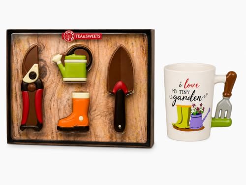 Geschenkset Garten I Gartenwerkzeuge aus Schokolade & Becher mit Gartenmotiv